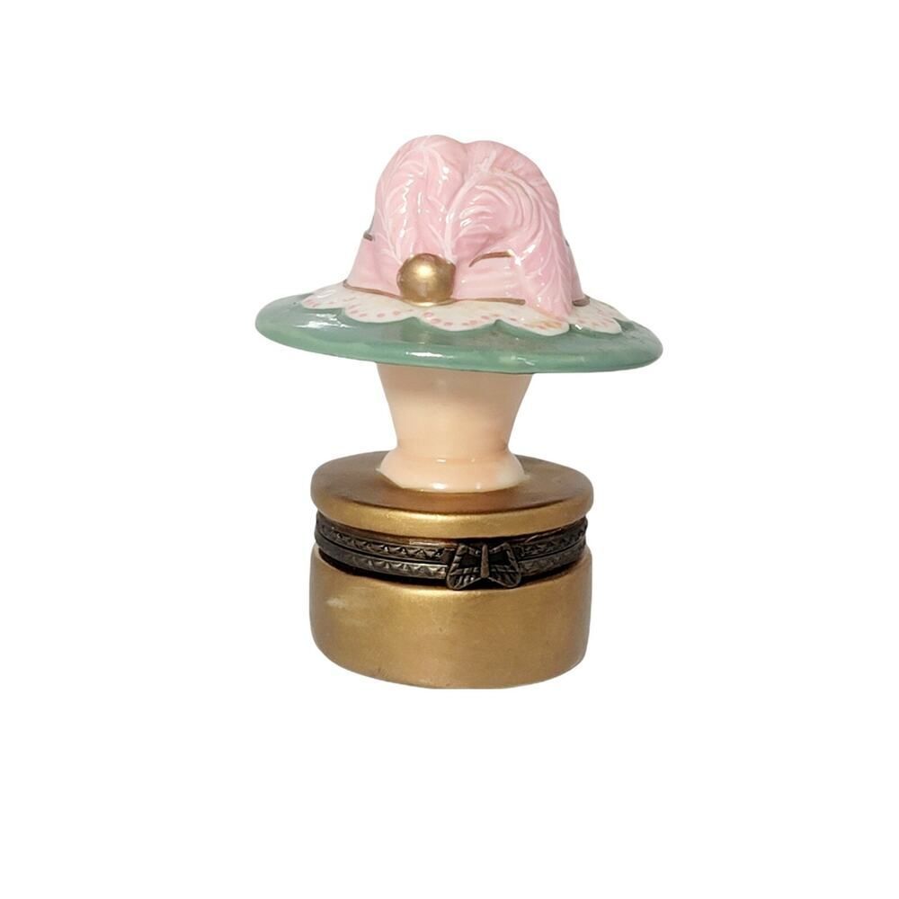 Vintage Green with Pink Bow Victorian Hat Hinged Trinket Box includes Trinket‎
